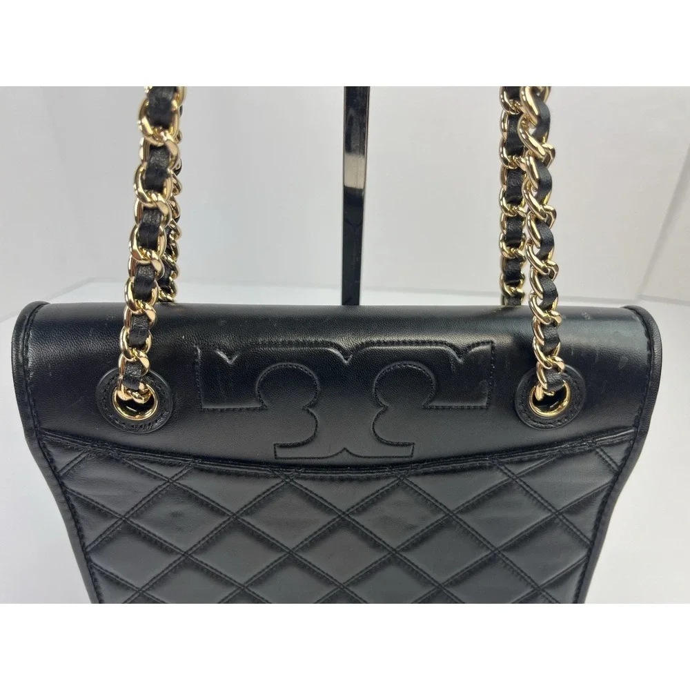 TORY BURCH Black Quilted Leather SAVANNAH Small Flat Chain Strap Tote Bag